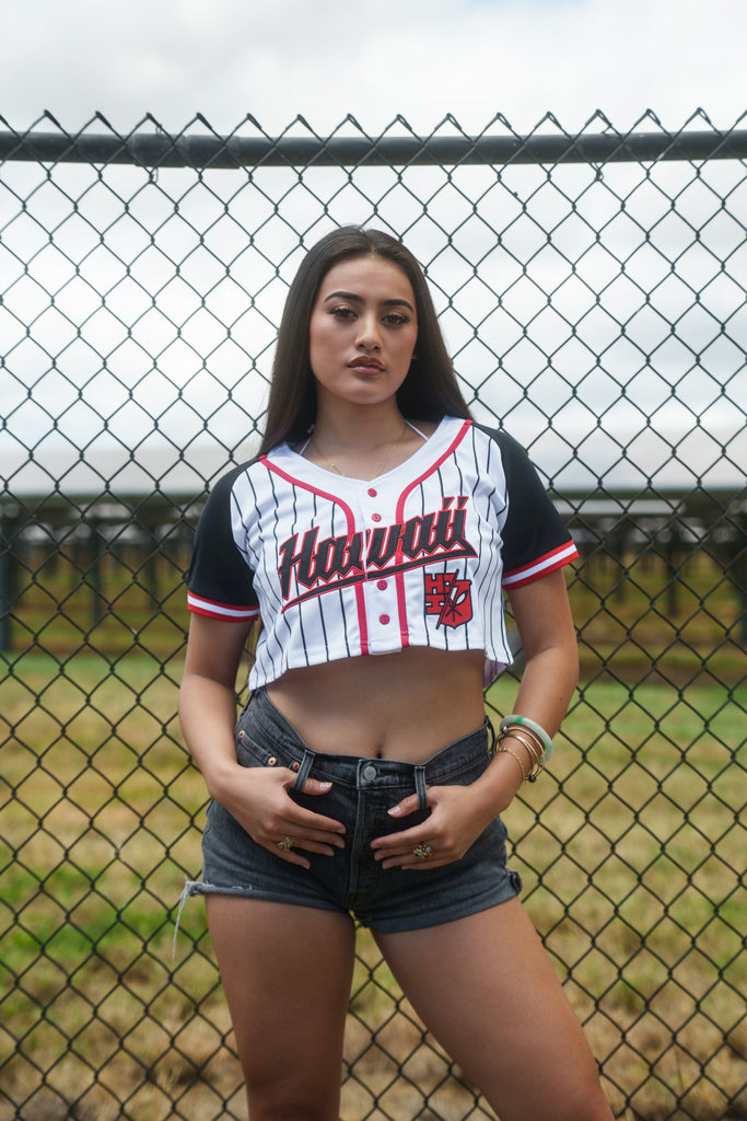 WOMEN'S BLACK & RED PINSTRIPE CROP BASEBALL JERSEY Jersey Hawaii's Finest 