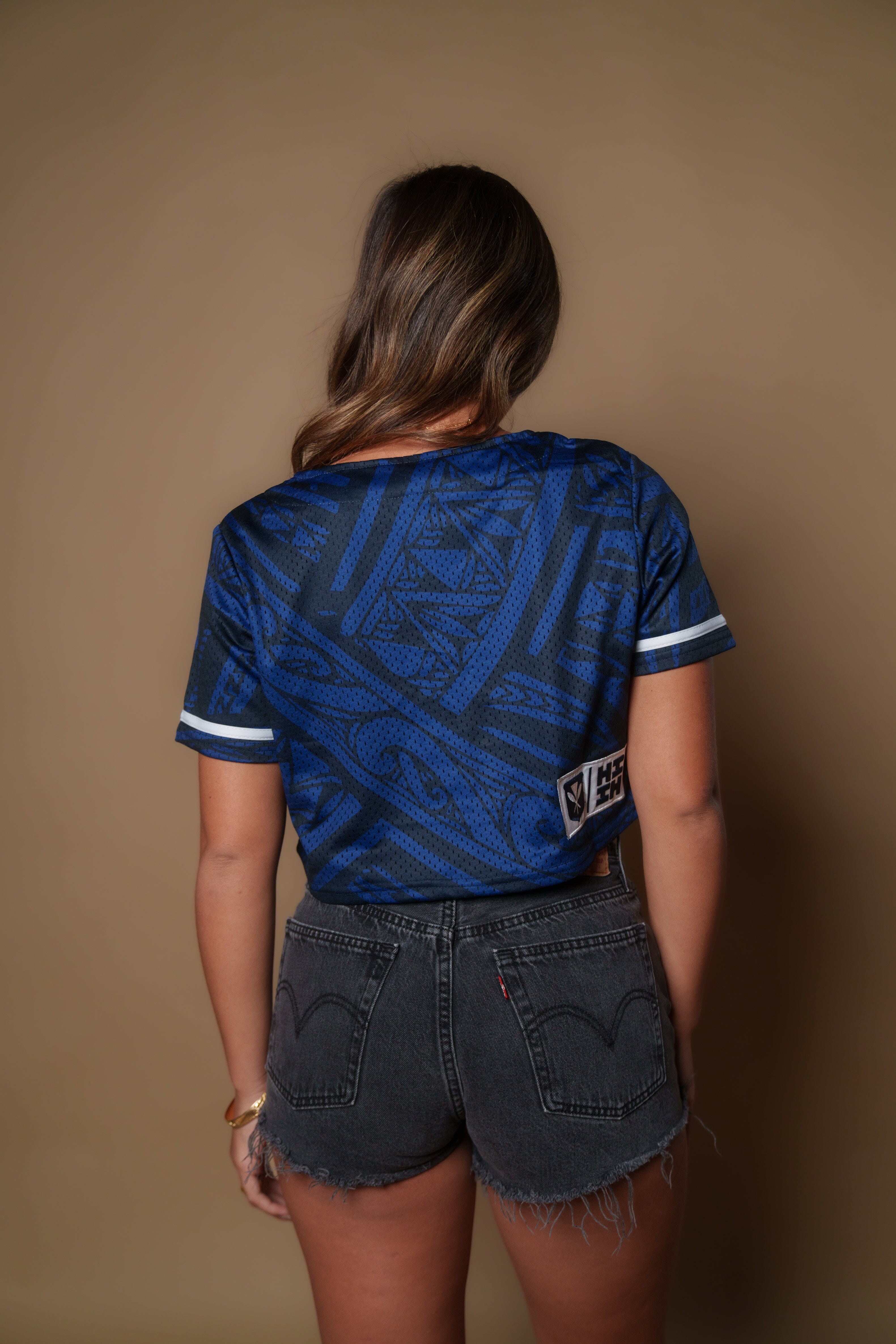 WOMEN'S BLUE TRIBAL CROP BASEBALL JERSEY Jersey Hawaii's Finest 