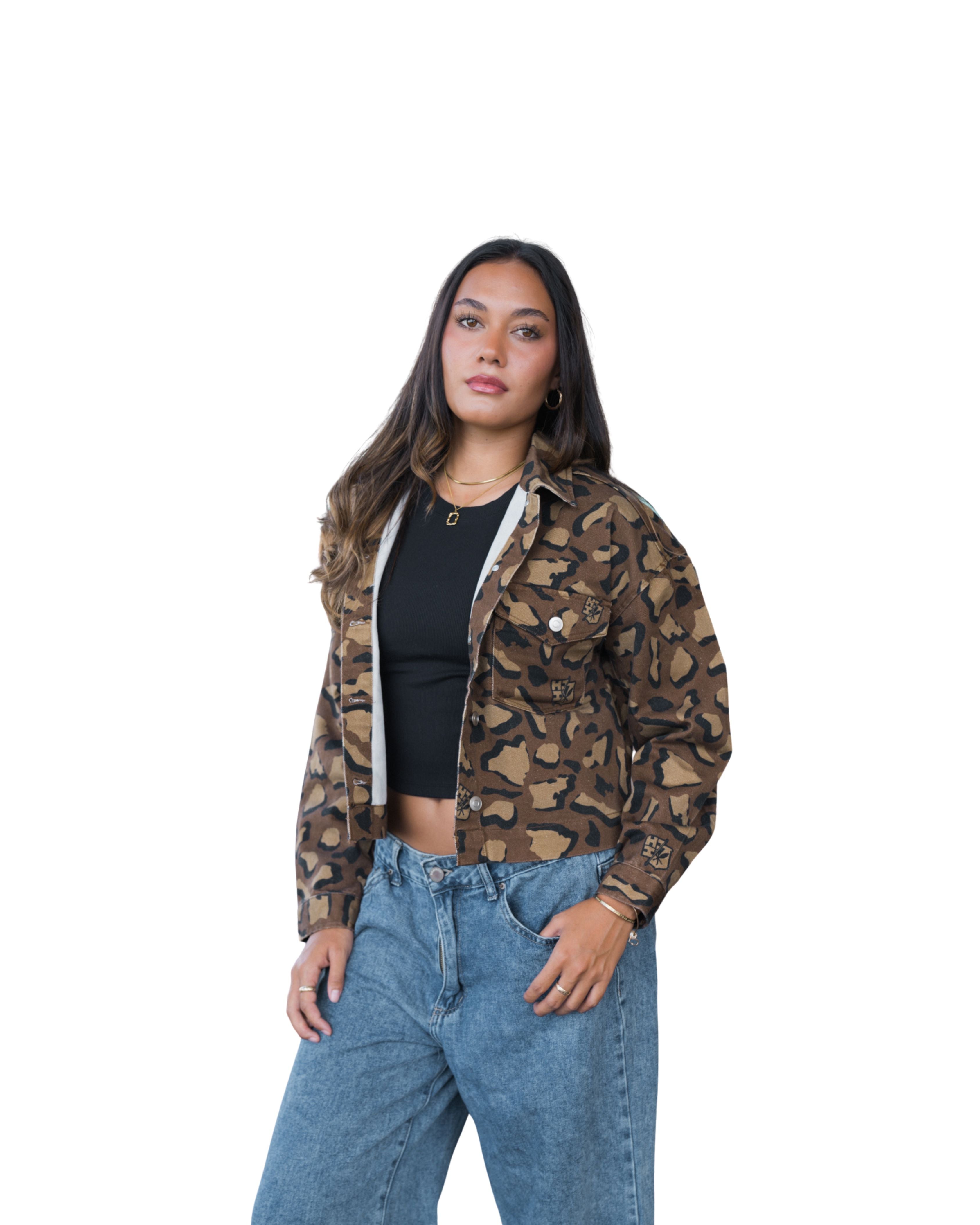 WOMEN'S BROWN ISLANDS CHEETAH DENIM JACKET Jacket Hawaii's Finest X-SMALL 