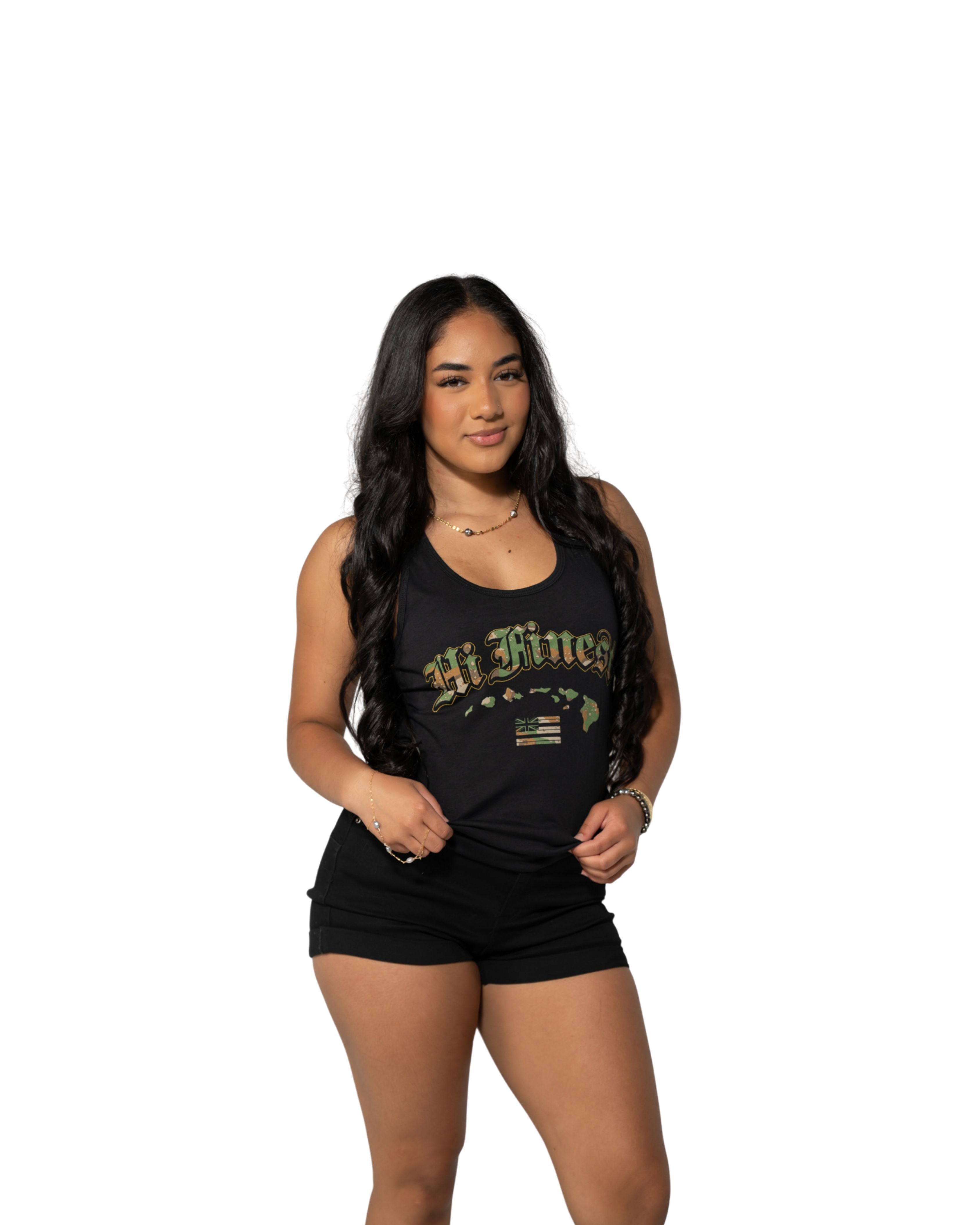 WOMEN'S CAMO GREEN OLD ENGLISH TOP Shirts Hawaii's Finest SMALL 