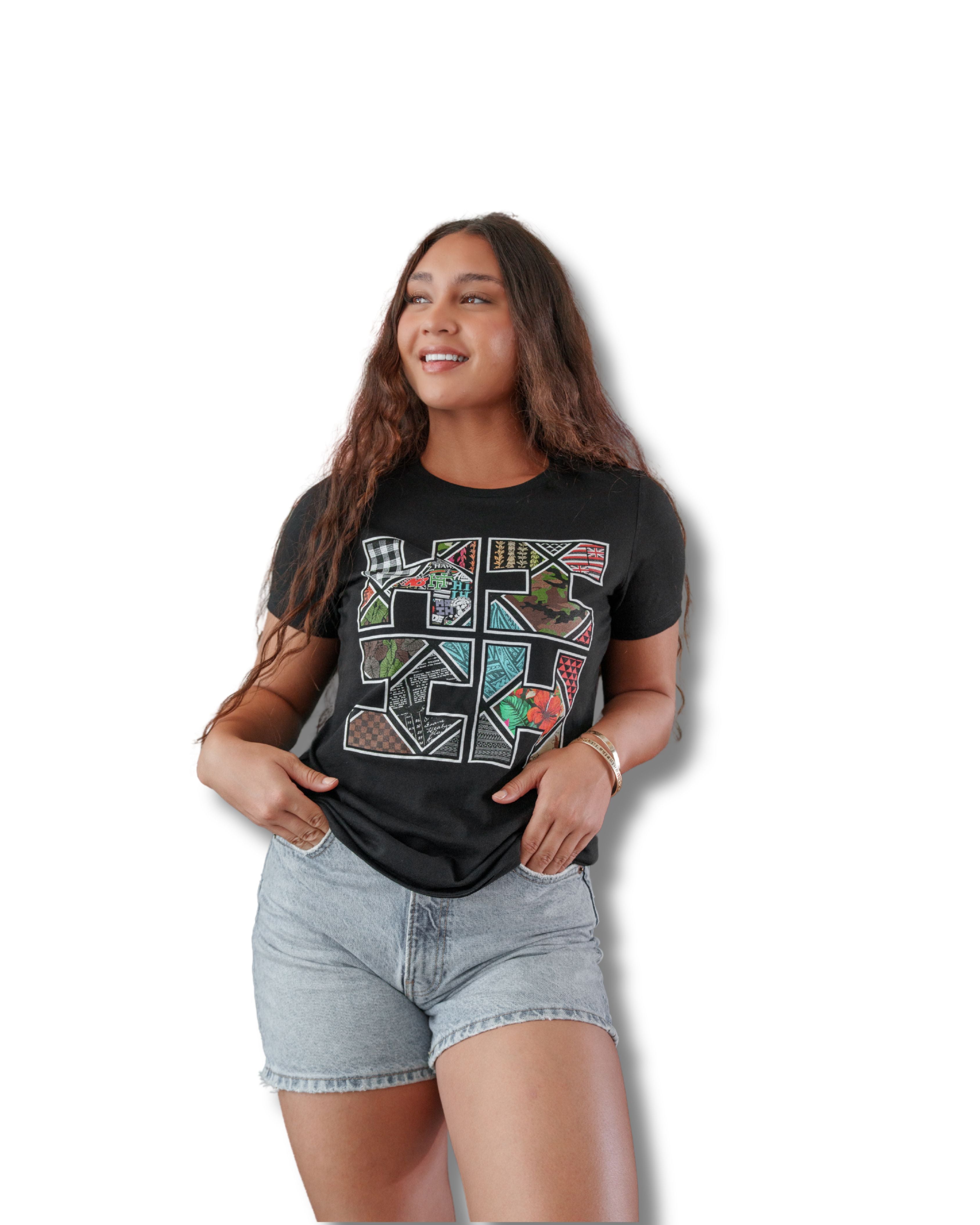 WOMEN'S COLLAGE TILE LOGO BLACK TOP Shirts Hawaii's Finest SMALL 