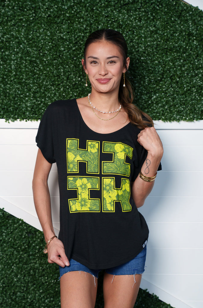 WOMEN'S HIBISCUS SWIRL GREEN TOP Shirts Hawaii's Finest SMALL 