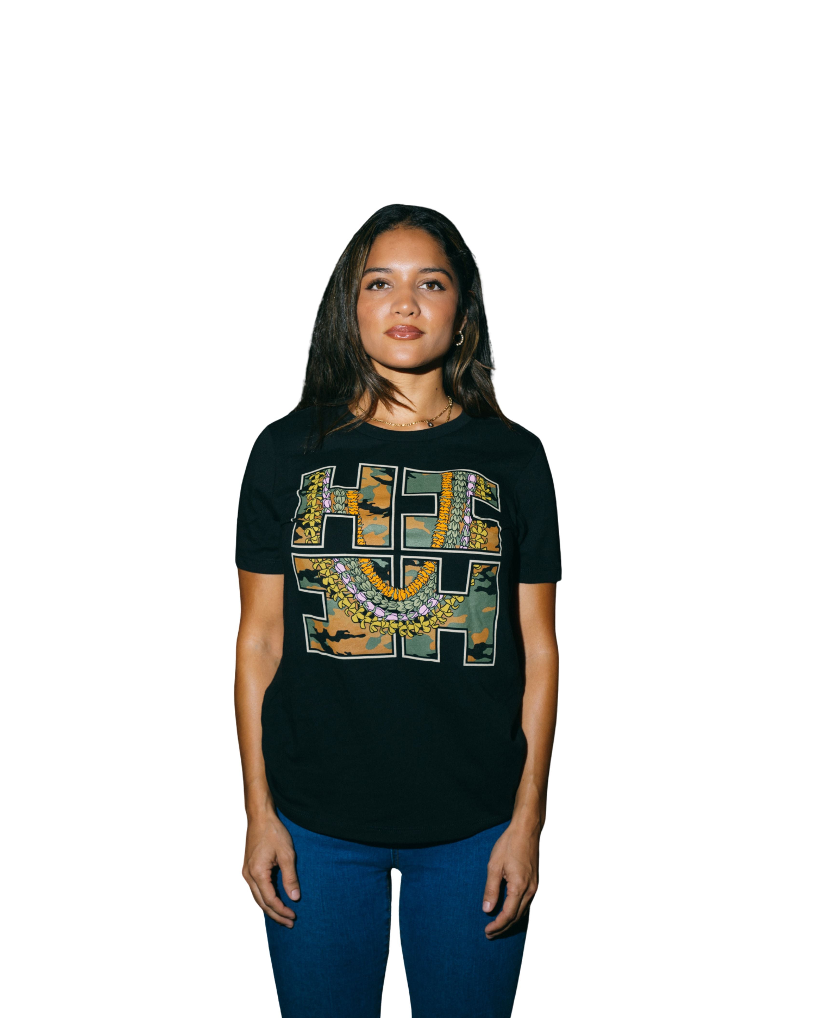 WOMEN'S LEI CAMO LOGO BLACK TOP Shirts Hawaii's Finest SMALL 
