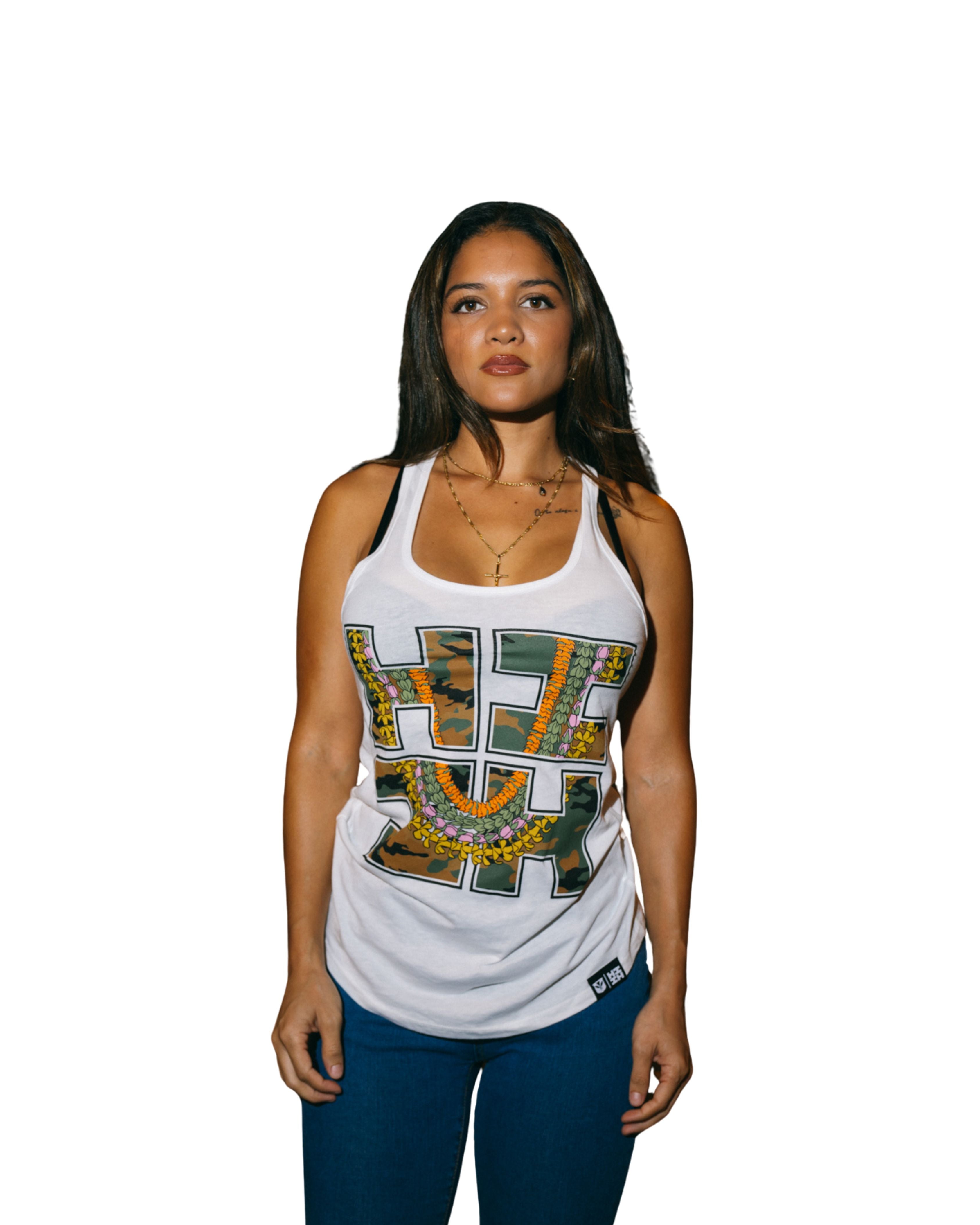 WOMEN'S LEI CAMO LOGO WHITE TOP Shirts Hawaii's Finest SMALL 