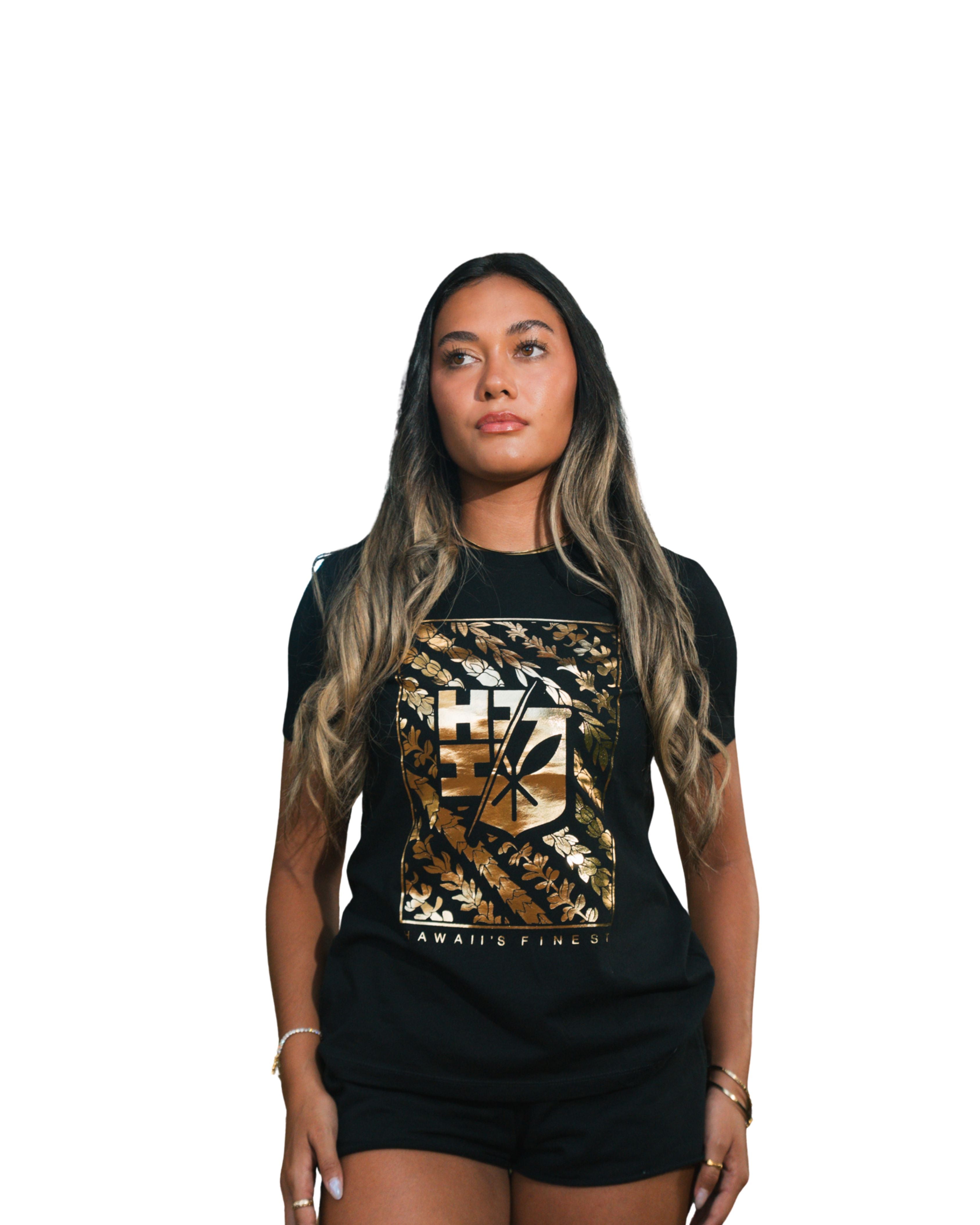 WOMEN'S LEI FRAME GOLD FOIL TOP Shirts Hawaii's Finest SMALL 