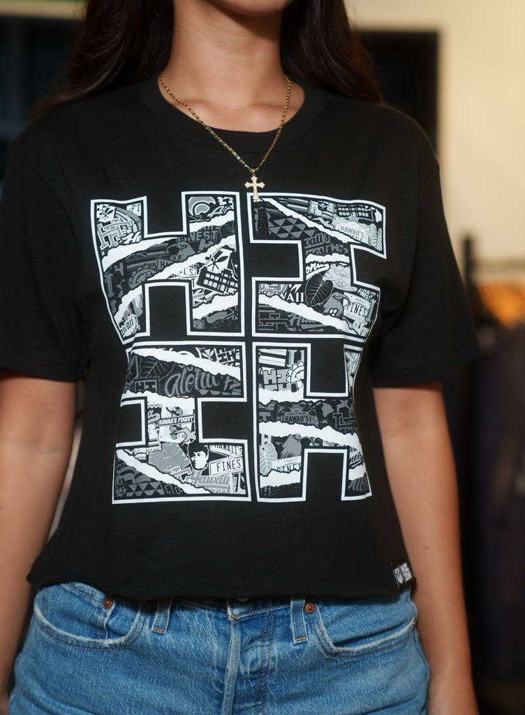 WOMEN'S RIPPED STICKERBOMB BLACK & WHITE TOP Shirts Hawaii's Finest 