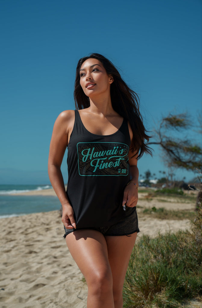 WOMEN'S SCRIPT TRIBAL TEAL TOP Shirts Hawaii's Finest SMALL 