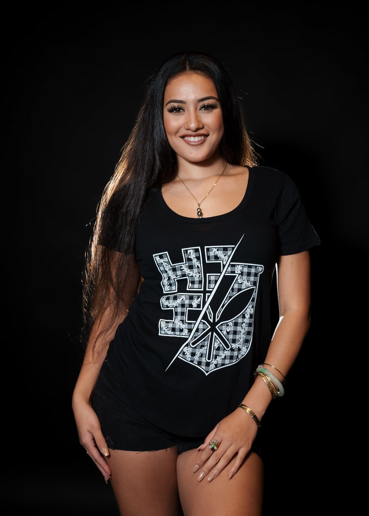 WOMEN'S SPLIT LEI PALAKA BLACK TOP Shirts Hawaii's Finest SMALL 