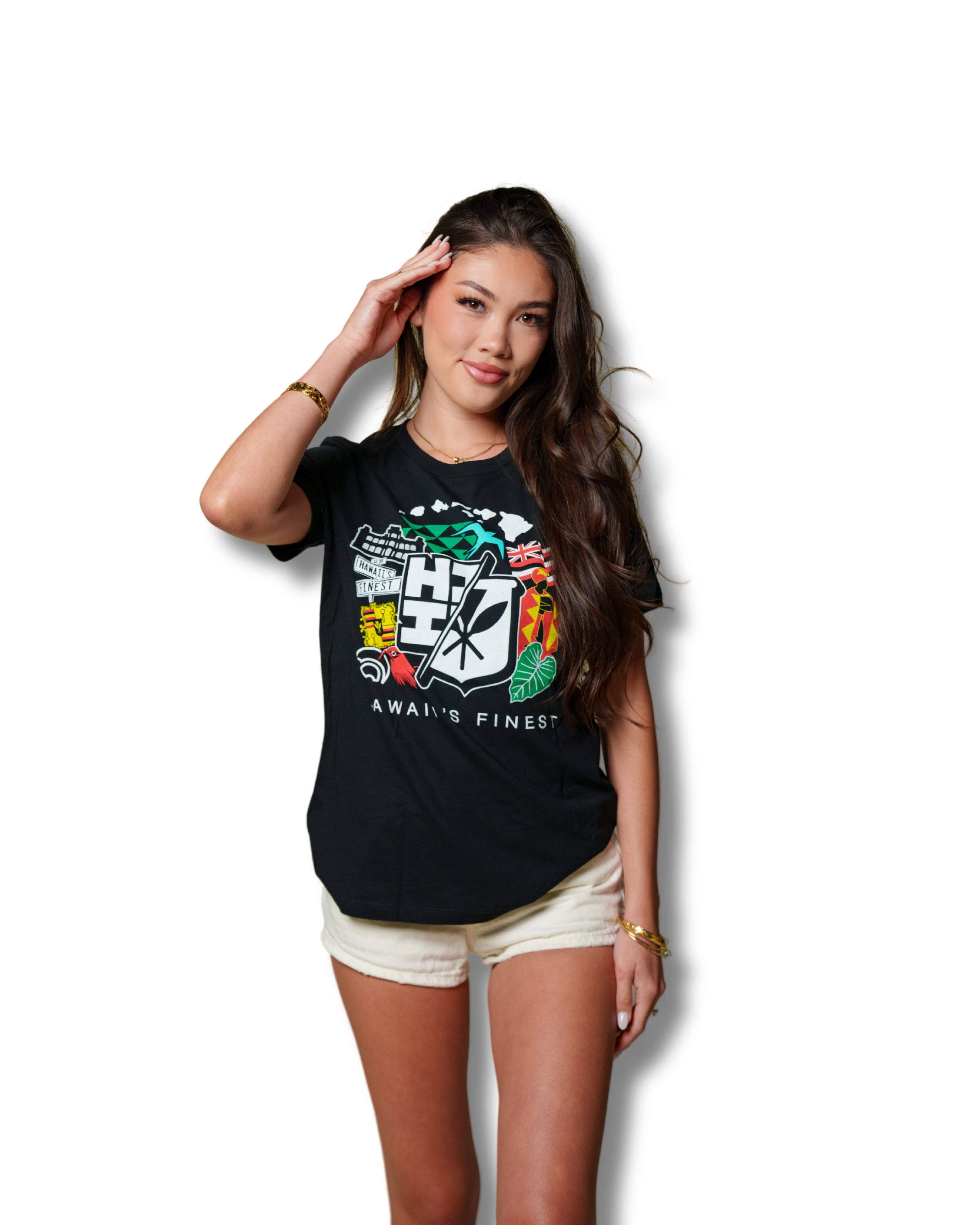 WOMEN'S STICKER COLLAGE COLOR TOP Shirts Hawaii's Finest SMALL 