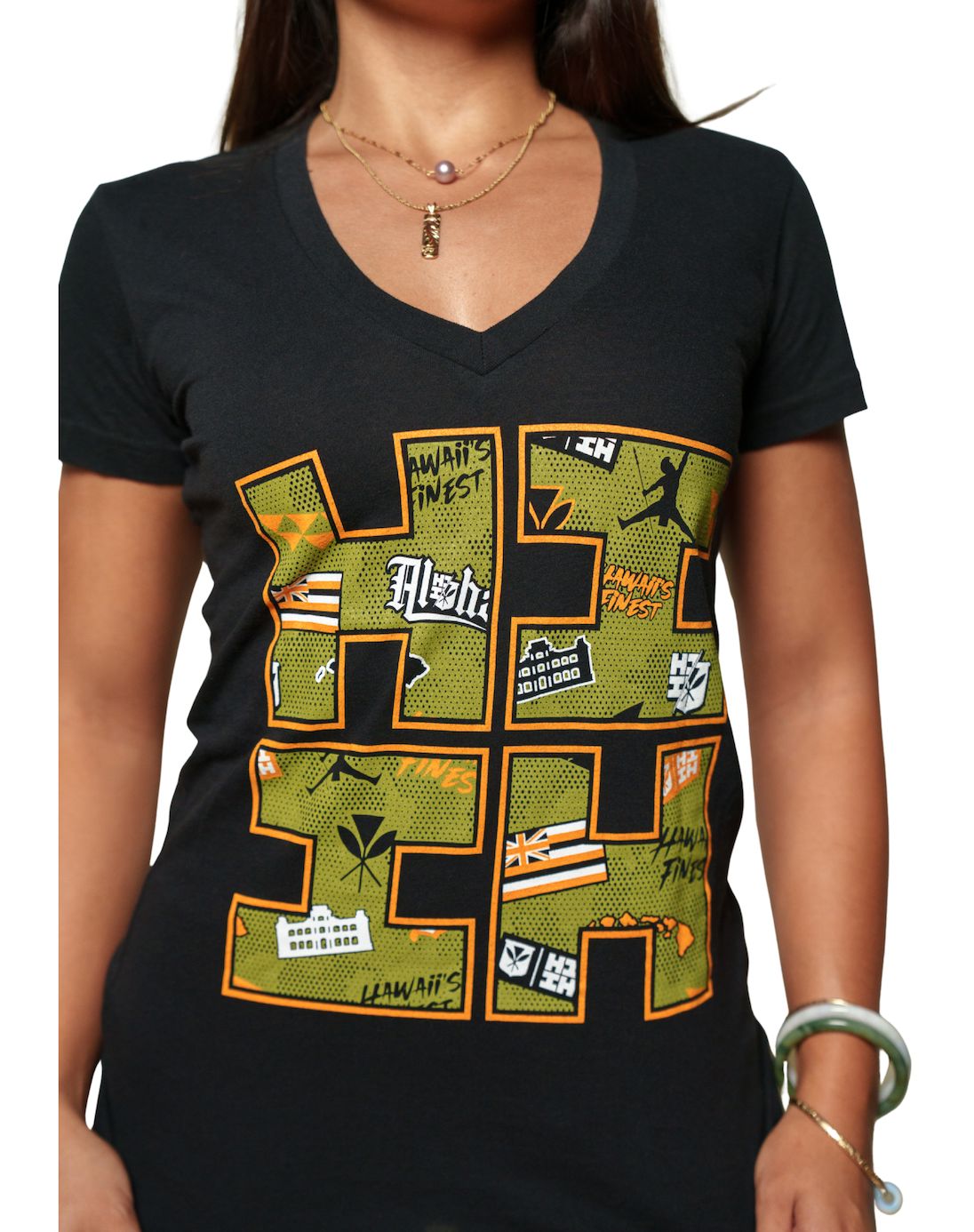 WOMEN'S STREET COLLAGE LOGO ORANGE TOP Shirts Hawaii's Finest 