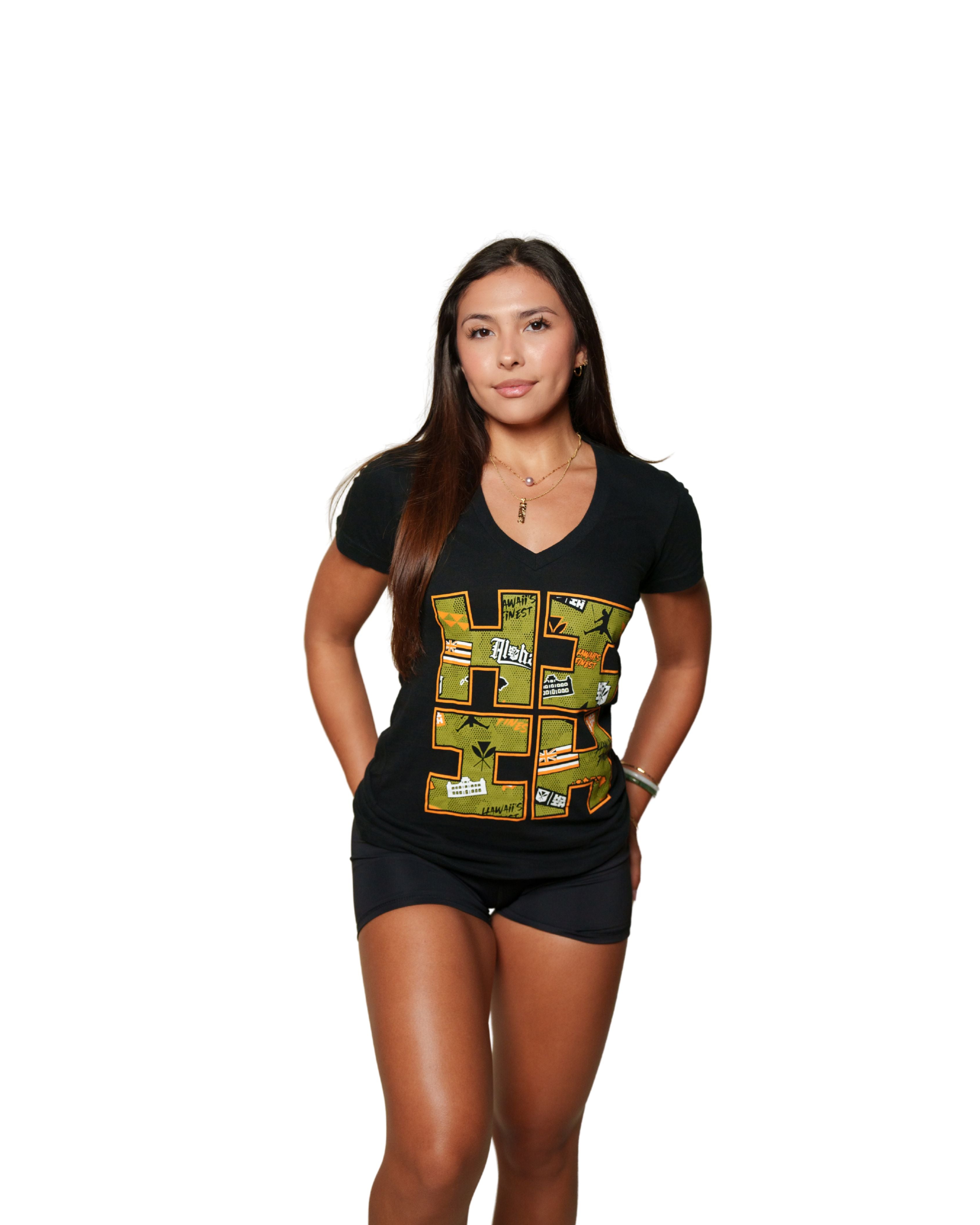 WOMEN'S STREET COLLAGE LOGO ORANGE TOP Shirts Hawaii's Finest SMALL 