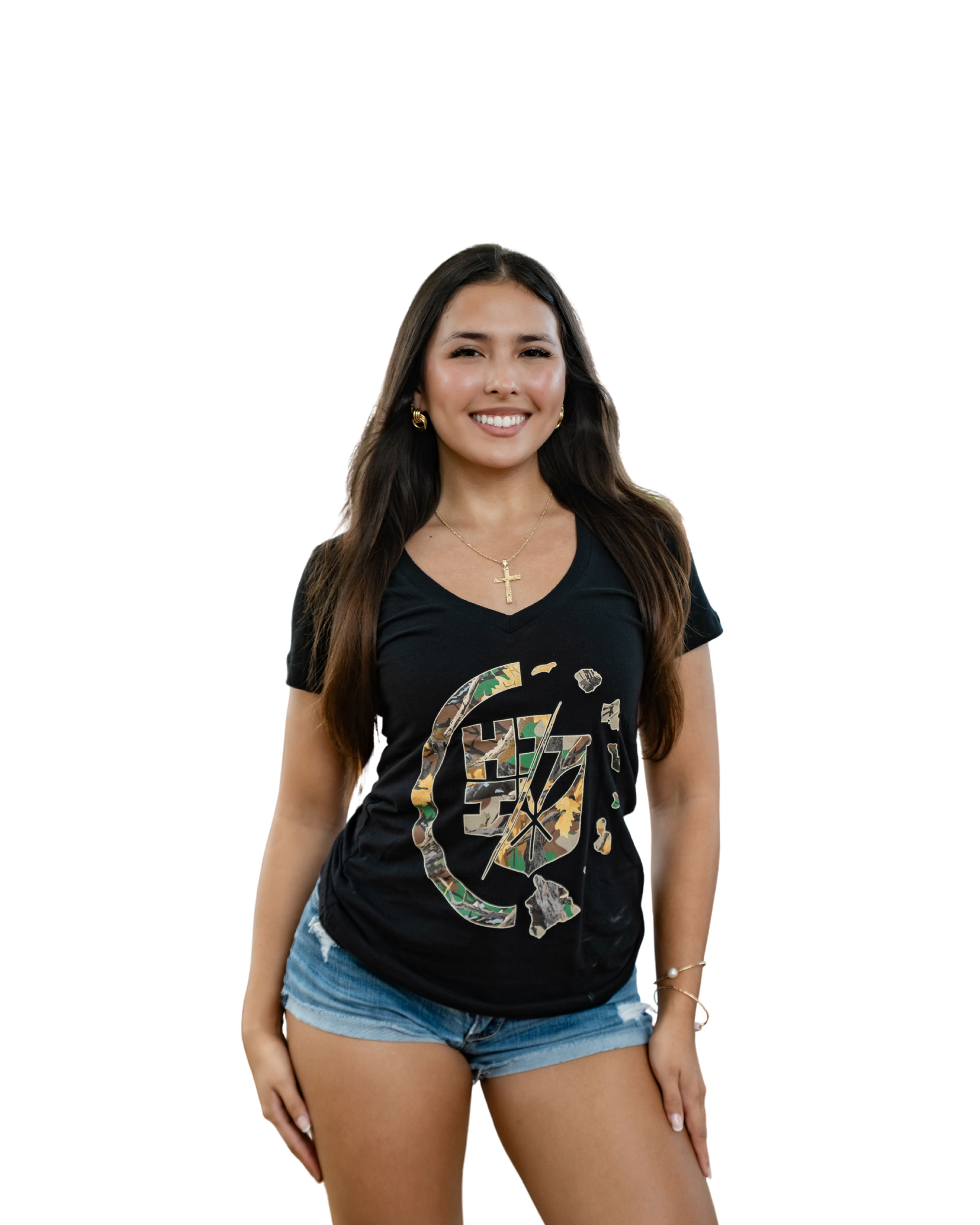 WOMEN'S TREE CAMO CIRCLE GREEN TOP Shirts Hawaii's Finest SMALL 