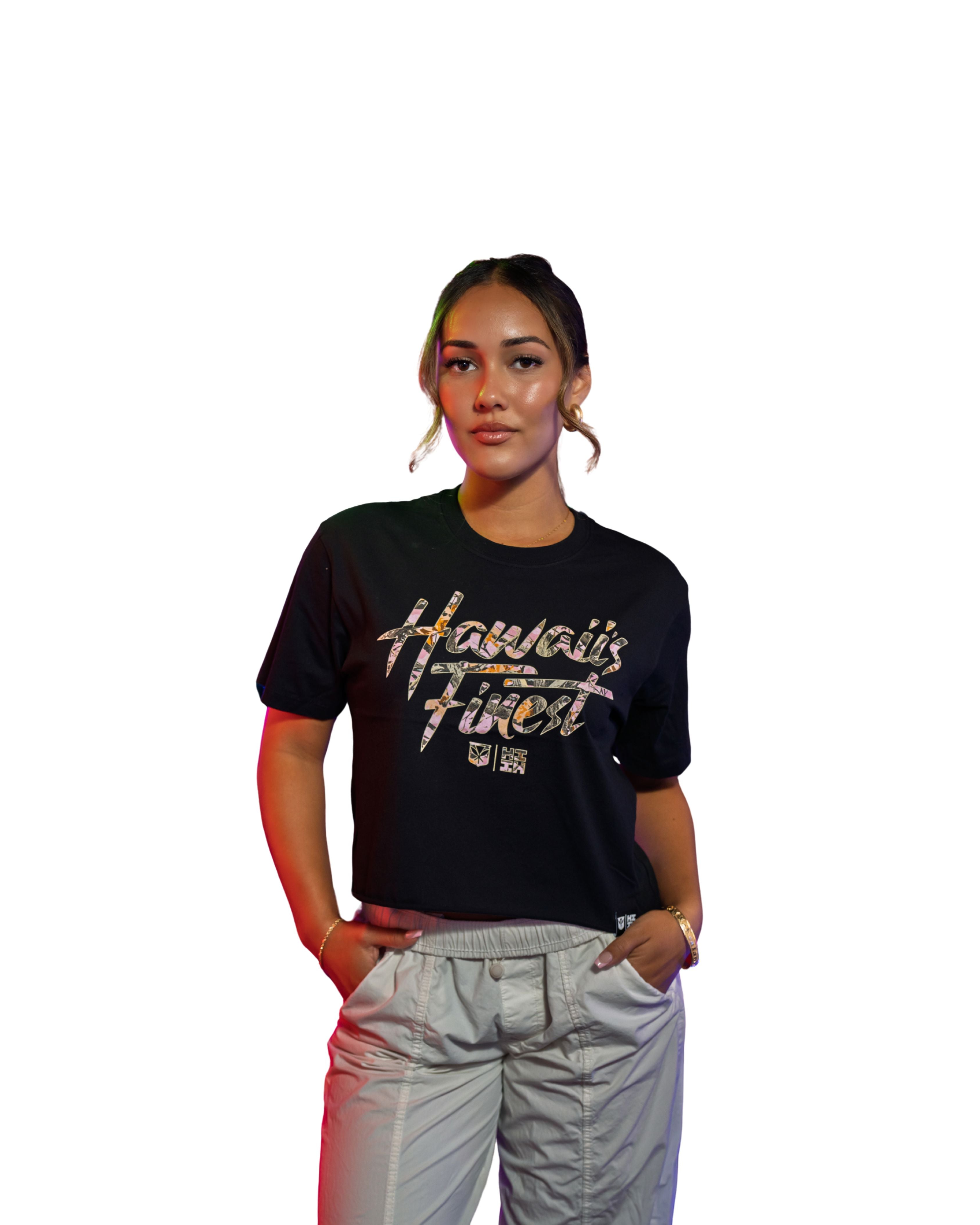 WOMEN'S TREE CAMO SCRIPT PINK TOP Shirts Hawaii's Finest SMALL 