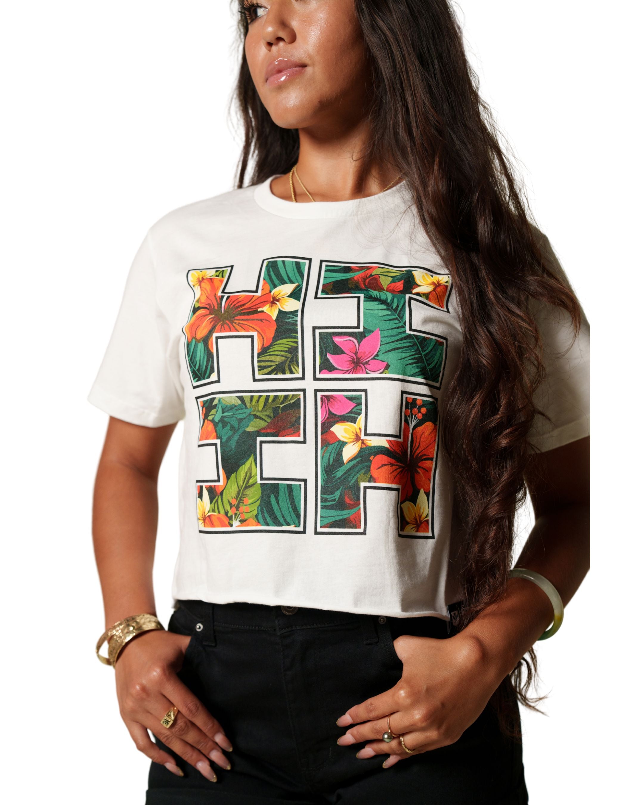 WOMEN'S TROPICAL LOGO WHITE TOP Shirts Hawaii's Finest 