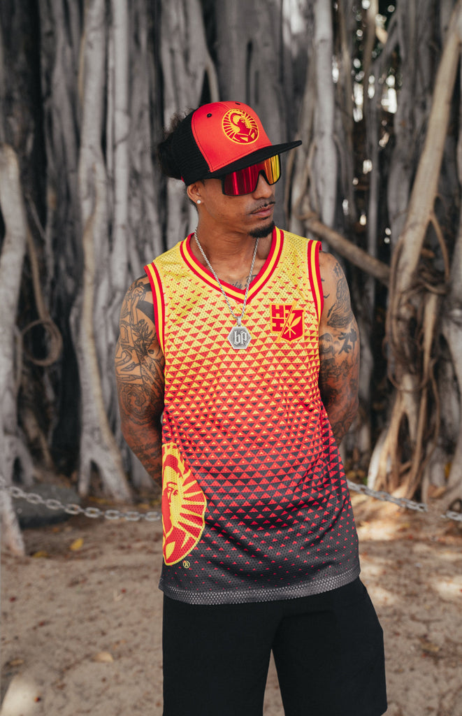 ALOHA FESTIVAL RED & YELLOW TRIANGLES BASKETBALL JERSEY Jersey Hawaii's Finest SMALL 