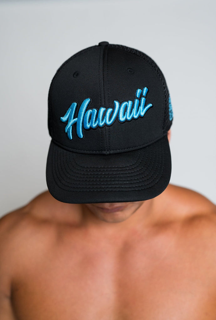 BLACK & BABY BLUE HAWAII SCRIPT TRUCKER Hat Hawaii's Finest 