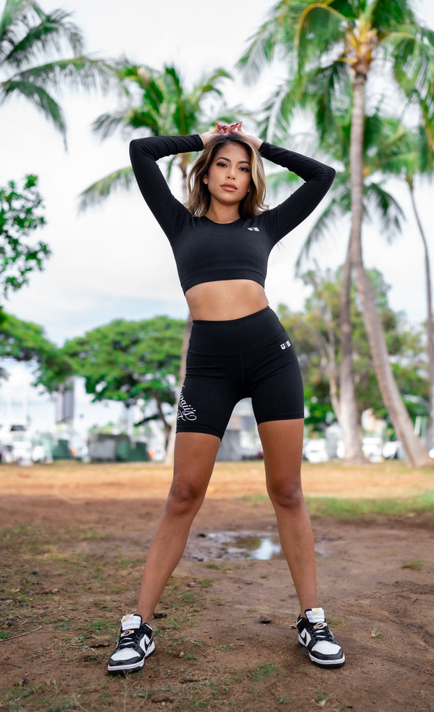 BLACK SCRIPT BIKER SHORTS Activewear Hawaii's Finest 