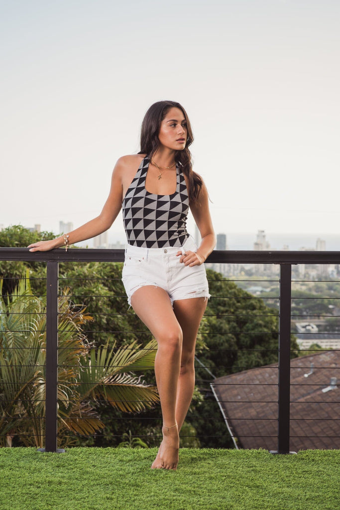 KAULIKE WOMEN'S BLACK & WHITE HALTER BODYSUIT Shirts Hawaii's Finest X-SMALL 