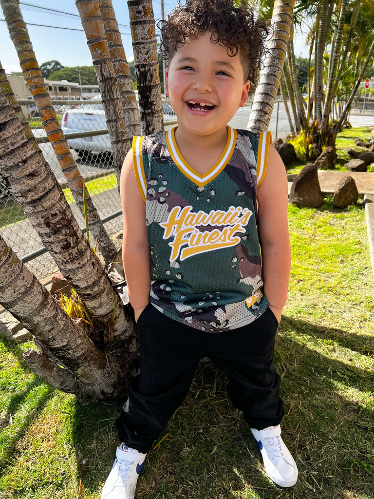 KEIKI OLIVE & YELLOW COMBAT CAMO BASKETBALL JERSEY Jersey Hawaii's Finest X-SMALL (4Y) 