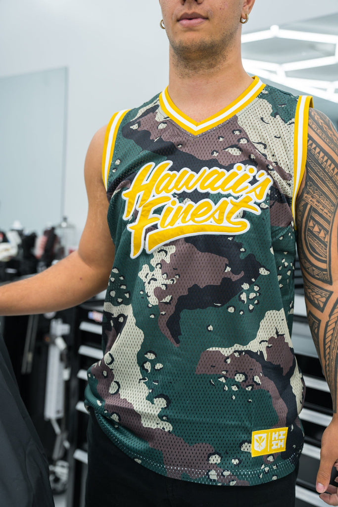 OLIVE & YELLOW COMBAT CAMO BASKETBALL JERSEY Jersey Hawaii's Finest 