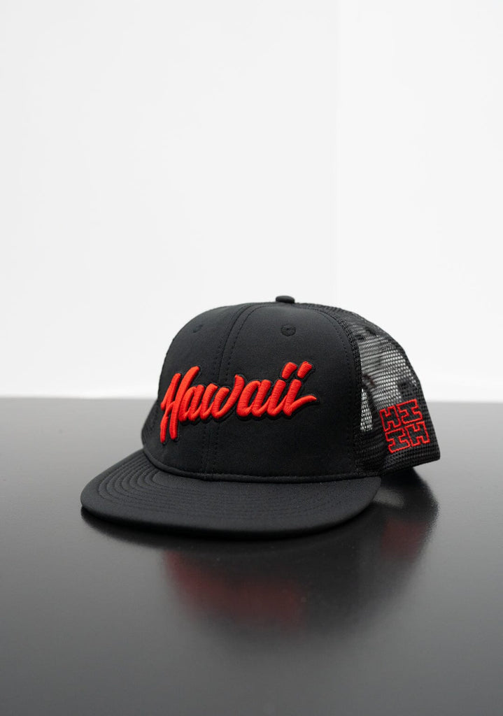 RED HAWAII SCRIPT TRUCKER Hat Hawaii's Finest 