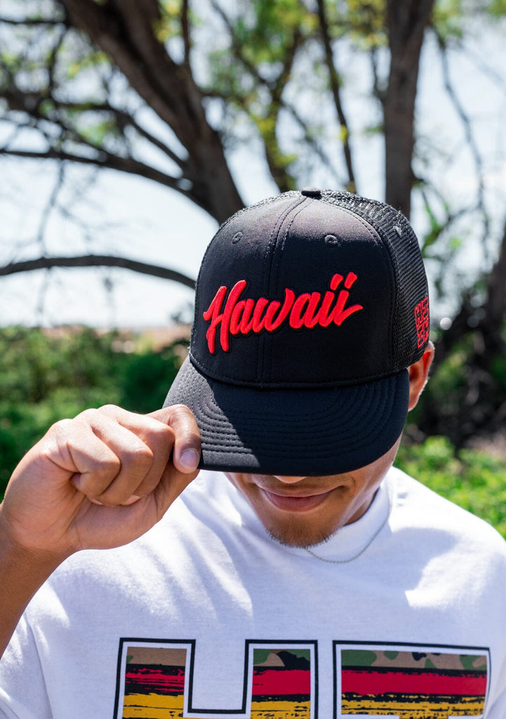 RED HAWAII SCRIPT TRUCKER Hat Hawaii's Finest 