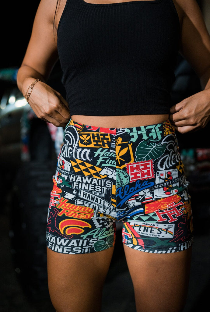 STICKER BOMB MINI COLLECTION WOMEN'S FITTED SHORTS Activewear Hawaii's Finest 