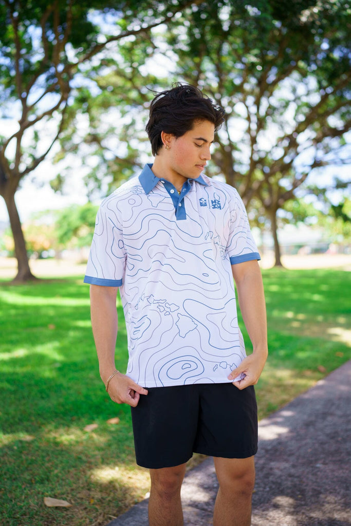 WHITE & BLUE MAPS GOLF SHIRT Polo Hawaii's Finest X-SMALL 