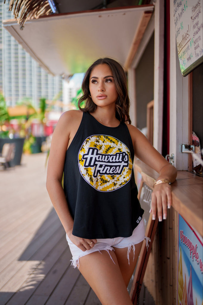 WOMEN'S LEI CIRCLE YELLOW TOP Shirts Hawaii's Finest SMALL 