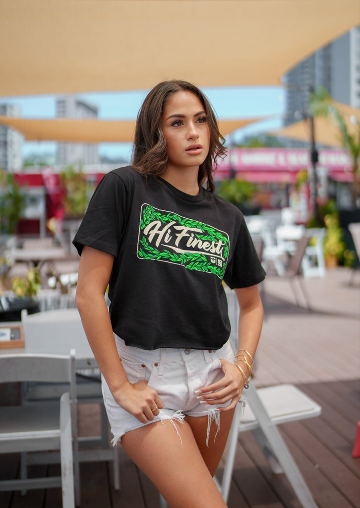 WOMEN'S LEI SCRIPT GREEN TOP Shirts Hawaii's Finest SMALL 