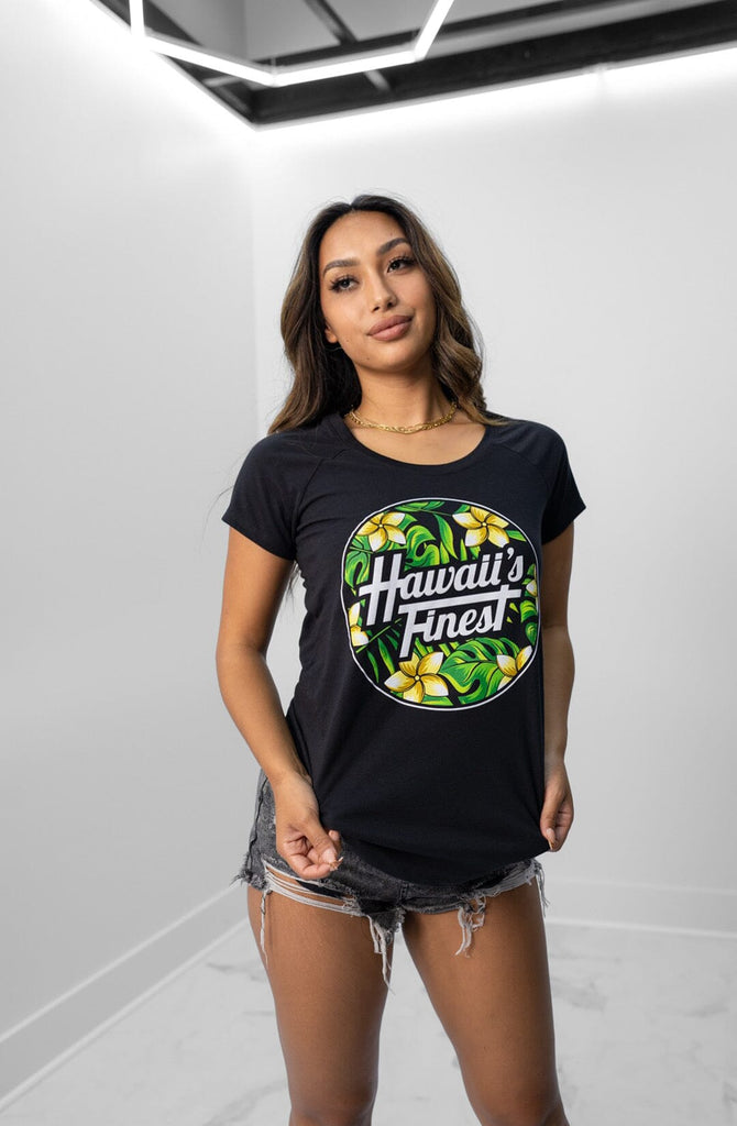 WOMEN'S PLUMERIA CIRCLE GREEN TOP Shirts Hawaii's Finest SMALL 