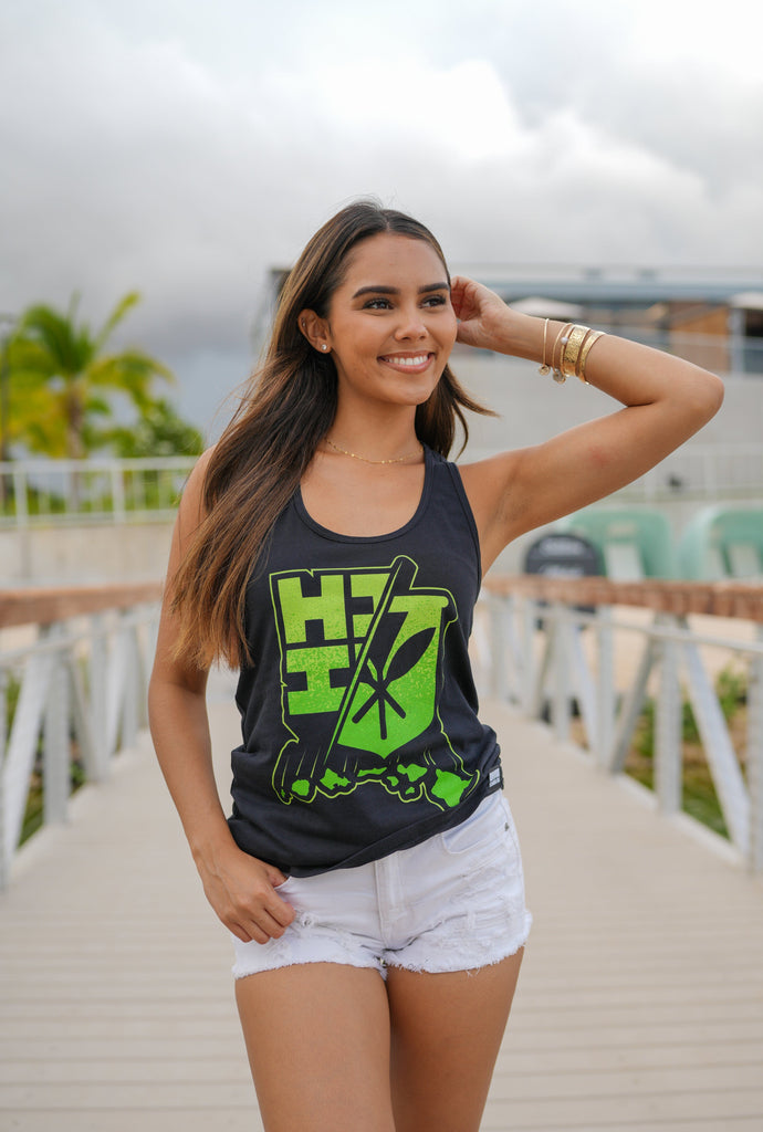 WOMEN'S SPLIT ISLANDS GREEN TOP Shirts Hawaii's Finest SMALL 